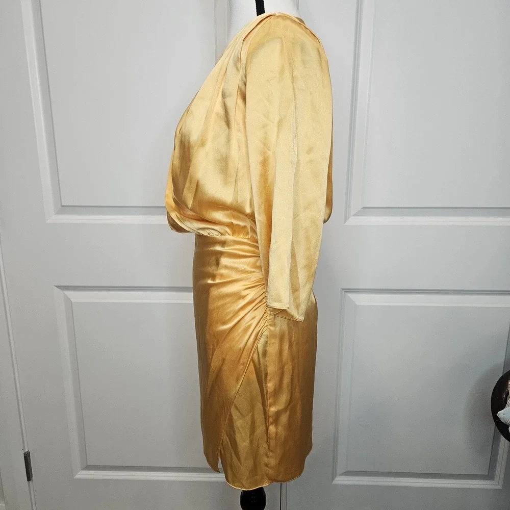 NWT Amanda Uprichard Silk Dress Size XS Marigold Yellow Blouson Faux Wrap Mini
